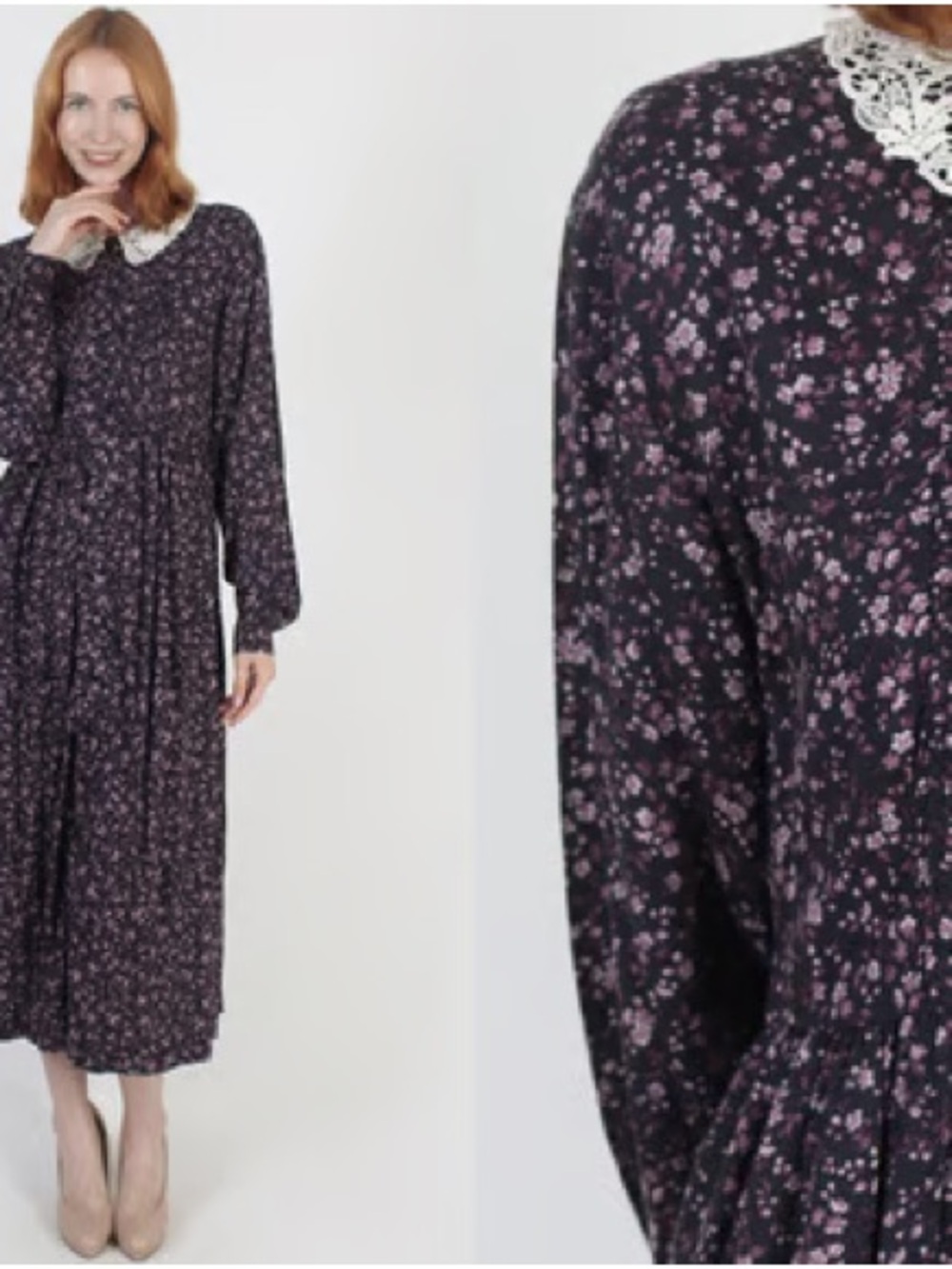 Vintage Laura Ashley Floral Lace Collar Maxi Dress USA 8